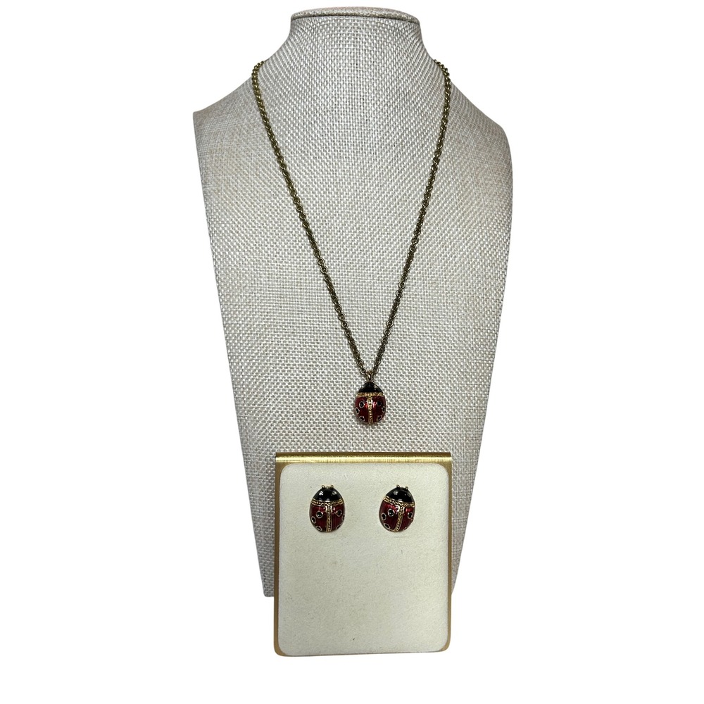 Multilana Red Enamel Ladybug 18" Necklace and Stud Earrings Set Gold Tone